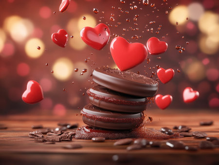This Valentine's Day, savor decadent heart-shaped chocolate cookies and rich cocoa Their luxurious textures and exquisite detail create an unforgettable romantic experience Perfect for sharing or indulging solo, these chocolates symbolize love and affection, promising a sweet escape Let love be deliciously sweet this year! AI Generativeの素材