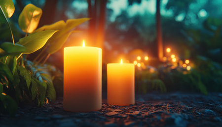 A dreamy Valentine's Day scene unfolds: two candles illuminate a lush garden, casting a warm glow on vibrant foliage This high-resolution image evokes passion and serenity, perfect for romantic projects, cards, websites, or imagery celebrating love and intimacy The enchanting atmosphere captures the magic of a couple's connection AI Generativeの素材
