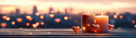 A breathtaking Valentine's Day rooftop proposal: heart-shaped lanterns, candlelight, and a stunning city skyline create an unforgettable romantic ambiance Perfect for proposal inspiration, wedding planning, or simply capturing lasting memories of a magical evening culminating in a whispered "yes" AI Generativeの素材
