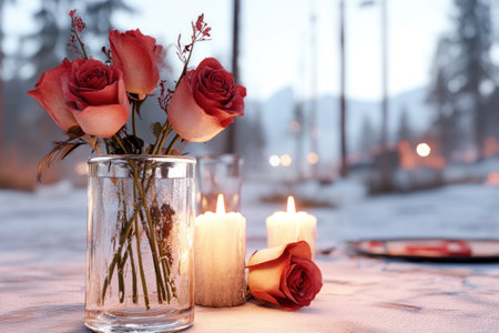 A magical Valentine's Day awaits under a starlit sky Imagine a candlelit table, fragrant roses, and soft music creating an intimate outdoor dining experience Perfect for couples seeking a romantic escape, this picturesque setting promises a memorable evening of love Ideal for Valentine's Day inspiration and couple's getaway planning AI Generativeの素材