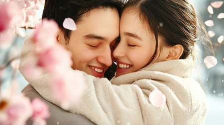 A spontaneous Valentine's Day proposal unfolds at a breathtaking waterfall Rose petals drift in the mist as a joyous couple embraces, their love captured in stunning photography This unforgettable moment, symbolizing commitment and surprise, offers inspiration for unique engagements and romantic getaways A celebration of love amidst nature's beauty AI Generativeの素材