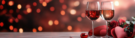Set a passionate Valentine's Day scene with vibrant red d cor and romantic undertones A luxurious, intimate dinner awaits: delicious food, fine wine, and captivating ambiance create an unforgettable evening for couples This image inspires the perfect romantic dinner setting for your special celebration AI Generativeの素材