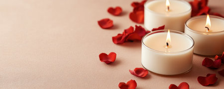 Set a romantic Valentine's Day scene with three exquisitely arranged, scented candles and rose petals Luxurious floral and citrus fragrances create a captivating ambiance, perfect for couples celebrating love and relaxation Unforgettable romance awaits AI Generativeの素材