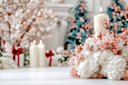 A romantic Valentine's Day scene bathed in soft candlelight Delicate flowers enhance the intimate, heartfelt ambiance Perfect for couples' photos, Valentine's decor, romantic backgrounds, or wedding inspiration This elegant and loving image evokes warmth and intimacy, ideal for cards, blogs, and projects needing a touch of romance AI Generativeの素材