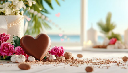 A decadent, heart-shaped chocolate, dusted with cocoa, embodies love and happiness Perfect for Valentine's Day, weddings, or a romantic gift, its luxurious elegance evokes affection, passion, and indulgence Ideal for cards, social media, or blogs, this image captures the essence of love's sweet indulgence AI Generativeの素材