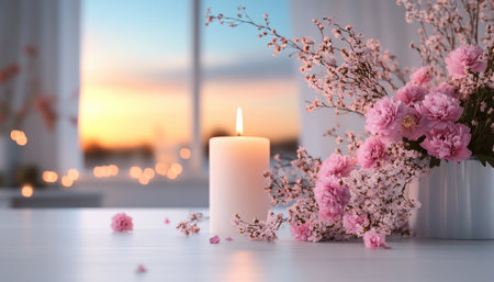 Imagine a Valentine's Day haven: soft candlelight dances on pink blossoms, creating a serene, intimate ambiance Perfect for couples, this dreamy scene evokes peaceful passion, ideal for cards, decorations, or romantic backgrounds Capture the essence of love and tranquility in this beautifully lit, flower-filled setting AI Generativeの素材