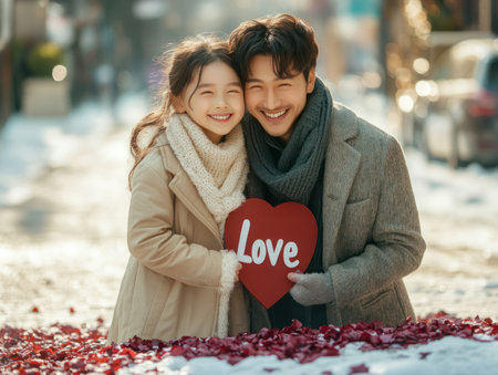 A breathtaking winter scene sets the stage for a Valentine's Day proposal Rose petals spell "Love," capturing the joyous reaction of a bride-to-be Stunning photography immortalizes this cherished moment of pure happiness and commitment, a perfect symbol of their enduring love story A magical keepsake of their happily ever after AI Generativeの素材