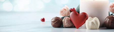 Indulge in romance this Valentine's Day with a dessert table of exquisite chocolates, velvety roses, and warm candlelight Elegantly arranged, this luxurious setting creates a warm, inviting atmosphere perfect for couples seeking a memorable and decadent celebration Capture the essence of love with this visually stunning, delectable scene AI Generativeの素材