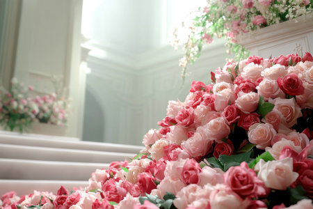 A grand staircase cascades with deep red roses, a breathtaking Valentine's Day display Each petal speaks of devotion and passionate love, perfect for romantic celebrations or wedding decor This vibrant image captures enduring love and heartfelt affection, a truly unforgettable visual testament to romance AI Generativeの素材