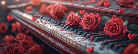 A captivating Valentine's concert image: a close-up of a loving couple, bathed in the romantic glow of roses, hearts, and piano music Elegant and evocative, it perfectly embodies romantic love, ideal for cards, social media, or websites celebrating Valentine's Day AI Generativeの素材