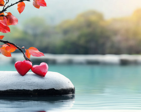 Celebrate Valentine's Day with exquisite decor! Two red hearts nestled on a stone by calm water symbolize intimate love Perfect for couples' retreats, anniversary gifts, or romantic home decor Inspire with these beautiful images, ideal for cards, websites, and social media, showcasing love's beauty AI Generativeの素材