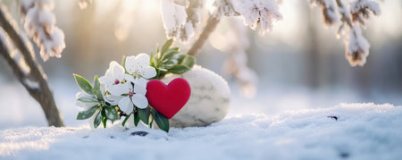A minimalist Valentine's Day card design features a red heart, delicate white flowers, and a snowy scene Elegant fonts and subtle accents create a romantic yet clean aesthetic High-resolution, perfect for cards, invitations, or social media Download for personal or commercial use AI Generativeの素材
