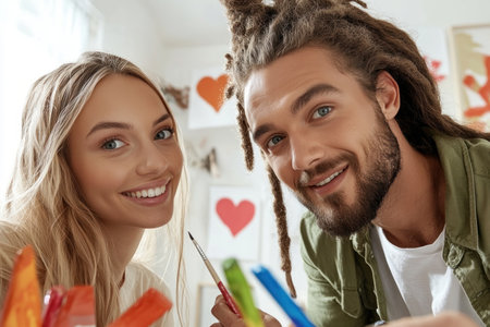 A young couple celebrates Valentine's Day with a vibrant mural painting project Their messy, joyful collaboration, filled with laughter and paint splatters, transforms into a heartfelt masterpiece This romantic DIY project is a testament to their love, a creative date night, and a beautiful expression of affection AI Generativeの素材