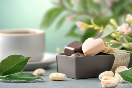 Indulge your loved one with an elegant gift box of heart-shaped cocoa chocolates This luxurious treat, perfect for Valentine's Day or any romantic occasion, symbolizes sweetness and affection The exquisite cocoa-filled chocolates are presented in a beautiful keepsake box, a precious symbol of your love and care AI Generativeの素材