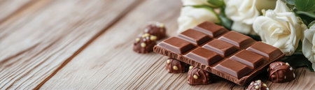 A Valentine's Day image: milk chocolate and pristine white roses, a perfect blend of sweet indulgence and delicate beauty This luxurious combination symbolizes love and romance, ideal for gifts, romantic gestures, and visual media expressing affection Capture the essence of Valentine's Day with this stunning image AI Generativeの素材