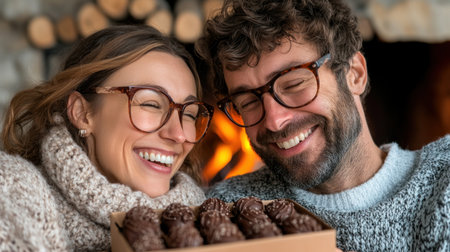 A couple shares luxurious chocolates by a warm fireplace, laughter and tender looks reflecting their deep connection This Valentine's Day scene embodies romance, indulgence, and togetherness A perfect cozy escape filled with delicious chocolates, warmth, and the sweet celebration of love AI Generativeの素材