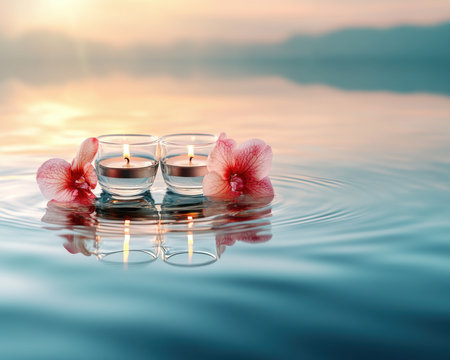 A heart and candlelight shimmer on tranquil water, reflected alongside delicate pink orchids This serene Valentine's Day scene evokes peace and the tender beauty of love Perfect for cards, backgrounds, or expressing passionate feelings, the image captures a dreamy, romantic glow AI Generativeの素材