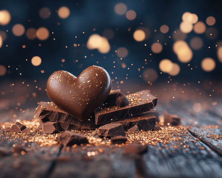This exquisite, heart-shaped dark chocolate Valentine's treat is a decadent masterpiece Adorned with edible gold glitter, its rich chocolate melts luxuriously, leaving a lasting impression The perfect gift to express deepest love, this stunning confection is the ultimate symbol of romance AI Generativeの素材