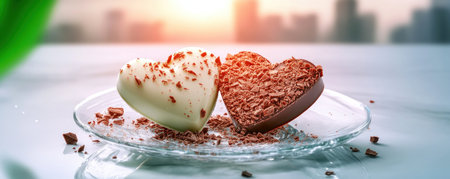 Two luxurious heart-shaped chocolates, one milk and one dark, adorned with cocoa nibs, symbolize Valentine's Day romance This exquisite image, perfect for cards and advertising, captures the intricate detail and pure indulgence of this perfect romantic gift Unparalleled taste and a moment of pure bliss AI Generativeの素材