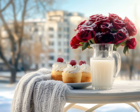 Indulge in a romantic Valentine's Day dessert: whipped cream cupcakes, blushing red roses, and a milk pitcher create a cozy winter scene This elegant arrangement, perfect for sharing on social media or as inspiration, embodies affection and celebrates love with sweet simplicity Ideal for a memorable Valentine's Day with your AI Generativeの素材