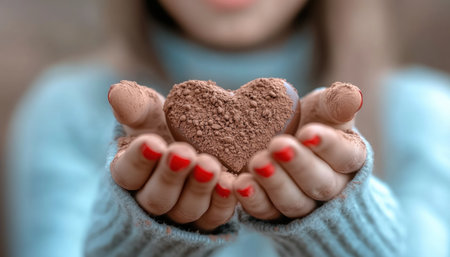 Two hands gently cradle a cocoa-dusted, heart-shaped chocolate A Valentine's Day symbol of love and affection, this sweet treat embodies romantic happiness Its elegant simplicity perfectly captures the enduring power of love, making it the ideal gift for a cherished one AI Generativeの素材