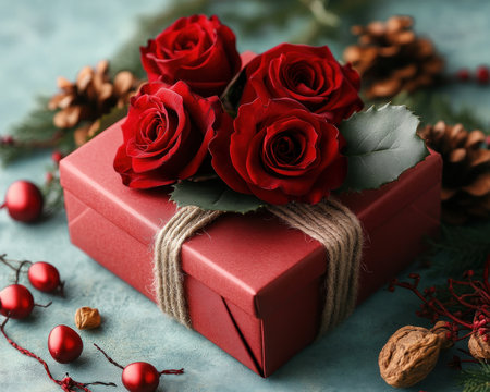 This Valentine's Day, express your love with a heart-shaped box overflowing with exquisite red roses and a delightful surprise gift This stunning arrangement embodies passion and joy, creating an unforgettable romantic gesture for your loved one The perfect gift to show your affection AI Generativeの素材
