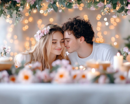 Bathed in soft golden light, a passionately intimate couple gazes into each other's eyes during a candlelit Valentine's Day dinner Vibrant flowers and an elegant setting create a dreamy ambiance, capturing a tender moment of affection and love This stunning photograph exudes romance, making it perfect Valentine's inspiration AI Generativeの素材