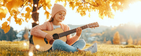 A young girl serenades her beloved under a twinkling, autumn-leafed tree The heartwarming image captures a tender Valentine's Day moment, perfect for cards or social media Its captivating emotion and romantic backdrop symbolize the essence of love, offering a touch of heartfelt romance to any project AI Generativeの素材