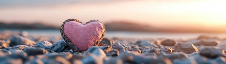 A breathtaking sunset proposal on a pebble beach A pink heart, symbolizing eternal love, rests amongst the stones, reflecting the golden hour light This idyllic scene captures the magic of a Valentine's Day commitment, perfect for cards, social media, or blogs It evokes peace, love, and devotion AI Generativeの素材