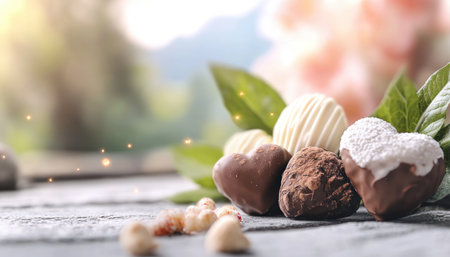 This Valentine's Day, celebrate sweet romance with exquisite chocolates and delicate flowers Indulge in heart-shaped chocolates and romantic roses, a sensual experience of unconditional love Discover the perfect gift to create unforgettable memories of affection and pure delight with your beloved Share this moment of passion and sweetness AI Generativeの素材