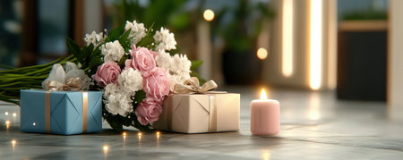 A breathtaking Valentine's Day surprise! Pink and white roses, carnations, and lilies create a romantic ambiance, enhanced by heartfelt gifts Soft lighting and elegant presentation evoke tenderness and love, perfectly capturing the warmth of a special Valentine's celebration AI Generativeの素材