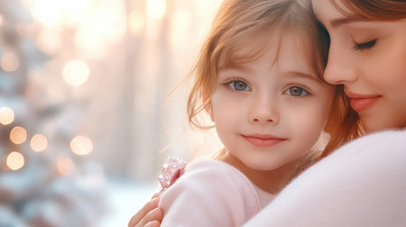 A heartwarming Valentine's Day image captures a mother and daughter's tender embrace Gifts exchanged, radiant smiles, and a pure, unconditional love shine through This precious moment embodies the essence of the holiday, perfect for sharing on cards, social media, or heartfelt displays Celebrate their cherished bond and lasting memories AI Generativeの素材