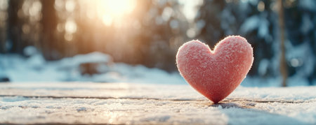 A frosted pink felt heart rests on snow-dusted wood, framed by a sunlit winter forest This Valentine's image evokes quiet intimacy and enduring love Perfect for cards or romantic winter projects, it symbolizes heartfelt connections amidst a snowy wonderland AI Generativeの素材