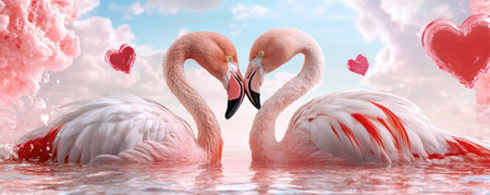A passionate Valentine's hug, symbolized by two flamingos intertwined in a heart shape against a dreamy cloudscape Fiery emotions and heartfelt sentiment fill this vibrant pink image, perfect for cards, backgrounds, or social media Download and share the love this Valentine's Day! AI Generativeの素材