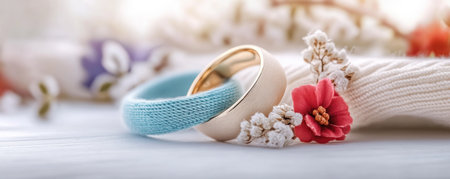 A radiant golden ring, nestled among delicate blossoms, captures the essence of Valentine's Day romance This high-resolution image, perfect for cards or websites, showcases eternal love Wedding bands gleam in soft light, evoking commitment and lasting relationships, ideal for jewelry, wedding announcements, or romantic brands AI Generativeの素材