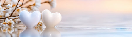 Two white hearts amidst delicate blossoms reflect a tranquil scene, symbolizing pure affection A shared glance captures an emotional Valentine's Day bond, hearts invisibly connected This romantic image evokes warmth, peace, and profound connection, ideal for cards, social media, or romantic projects AI Generativeの素材
