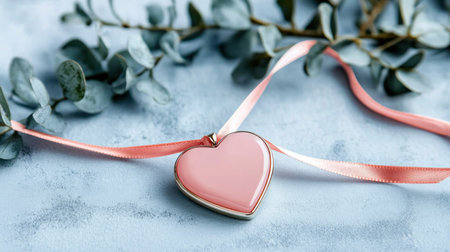 An eternal love is symbolized by a delicate pink heart-shaped locket nestled on a silk ribbon This romantic image evokes cherished memories and Valentine's Day affection The locket, a symbol of enduring love, is perfect for cards, gifts, or expressing heartfelt emotion Nostalgia and romance are captured in this gentle AI Generativeの素材