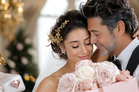 A tender embrace amidst elegant roses and festive Valentine's decor Two lovers share a heartfelt hug, their deep love and unwavering commitment palpable This image captures the essence of true romance, perfect for expressing passionate affection and celebrating a cherished relationship AI Generativeの素材