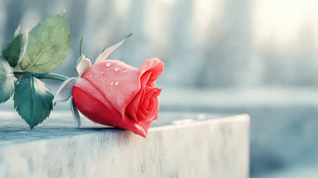 A deep red rose, glistening with dewdrops, embodies timeless passion and desire This evocative image symbolizes enduring love, cherished memories, and undying affection Perfect for Valentine's Day cards, romantic wallpapers, or photography conveying profound emotion and heartfelt sentiments AI Generativeの素材