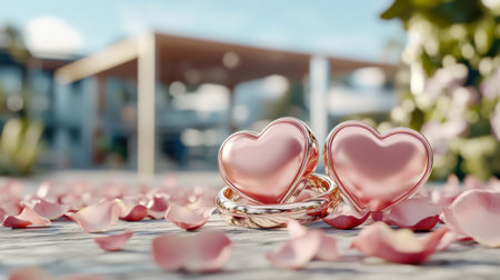 Two heart-shaped rings nestle amidst scattered rose petals on a table, a picture of Valentine's Day romance This image perfectly embodies love and commitment, ideal for cards, social media, or gifting Showcase your affection with this beautiful, evocative representation of heartfelt love AI Generativeの素材
