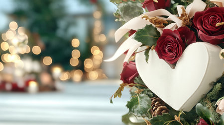 This handmade Valentine's wreath is a perfect romantic keepsake A festive red rose and ribbon heart, it's ideal for weddings or anniversaries Vibrant roses, delicate ribbons, and winter greenery adorn this elegant, heart-shaped decoration, adding festive cheer to your home Capture cherished memories with this beautiful, handcrafted wreath AI Generativeの素材