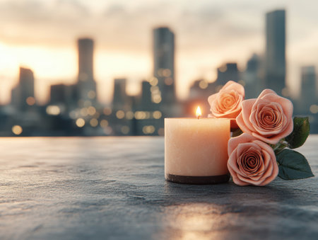 Escape to romance this Valentine's Day Create a serene ambiance with roses, candlelight, and warmth perfect for an intimate getaway or home celebration Soft lighting, sweet scents, and sensual passion await Celebrate love with an unforgettable experience AI Generativeの素材