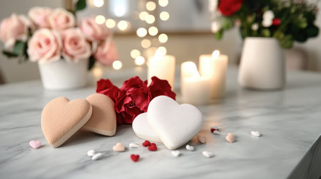 A warm, intimate Valentine's Day scene unfolds: loving partners share affectionate gestures and meaningful sentiments Candles flicker, flowers bloom, heart-shaped cookies and sweet treats adorn the table The perfect ambiance for a romantic evening celebrating love and affection AI Generativeの素材