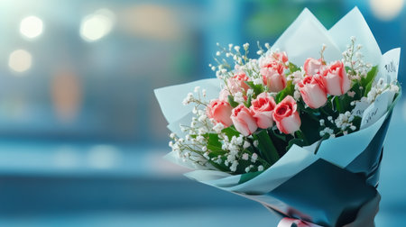 A breathtaking Valentine's bouquet of pink roses and lilies of the valley, tied with delicate ribbons, conveys heartfelt affection Sweet love notes add a personal touch Exquisite craftsmanship and tender emotions combine in this romantic floral arrangement, perfect for anniversaries, weddings, or expressing love AI Generativeの素材