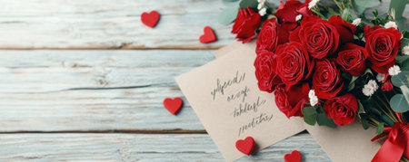 A passionate Valentine's Day scene unfolds: crimson roses and handwritten love notes nestle on a rustic wooden backdrop The heartfelt arrangement evokes deep affection and romance, perfect for cards, social media, or any romantic celebration Elegance, warmth, and passionate love are captured in this stunning image AI Generativeの素材