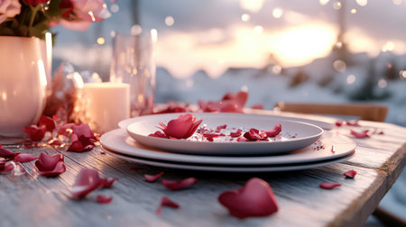 A breathtaking Valentine's Day table setting: delicate pink roses, thoughtfully placed gifts, and soft candlelight create a warm, intimate ambiance Perfect for a romantic dinner, this scene radiates love, ideal for Valentine's Day or anniversaries A special evening for couples is captured in this image of affection AI Generativeの素材