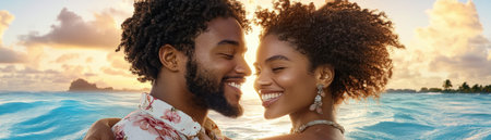 Capture the Essence of Love: A Memory Valentine Affection Moment - A soft hug between two smiling people, their bond reflected in their eyes, set against a breathtaking glowing sunset over the ocean This romantic image evokes feelings of intimacy, tenderness, and lasting affection, perfect for Valentine's Day cards, romantic gifts, or expressing your deep love It symbolizes a connection stronger than words, a shared moment of joy and bliss, a testament to a love that endures AI Generativeの素材