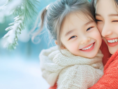 A mother's loving Valentine's Day hug encapsulates pure joy and unconditional love Shared laughter and heartfelt sentiments fill this tender embrace, symbolizing family warmth and affection This precious moment creates a lasting memory, celebrating the bonds that unite families AI Generativeの素材