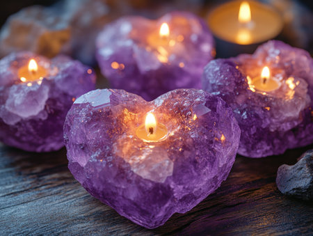 Ignite your Valentine's Day passion with a fiery romance! Amethyst crystal candles flicker, casting a magical purple glow on hearts and romantic d cor Cozy candlelight, sensual ambiance, and intimate date night ideas create an enchanting, mystical setting perfect for expressing love's warmth AI Generativeの素材
