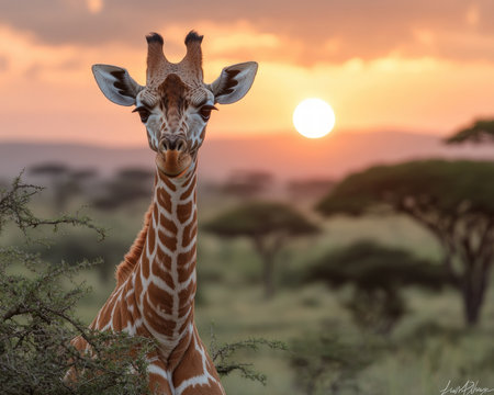 A majestic giraffe silhouetted against a vibrant orange sunset This stunning wildlife photograph underscores the urgent need for giraffe conservation Protecting their habitat through sustainable tourism and conservation efforts is vital for preserving these endangered animals in their natural African landscape AI Generativeの素材